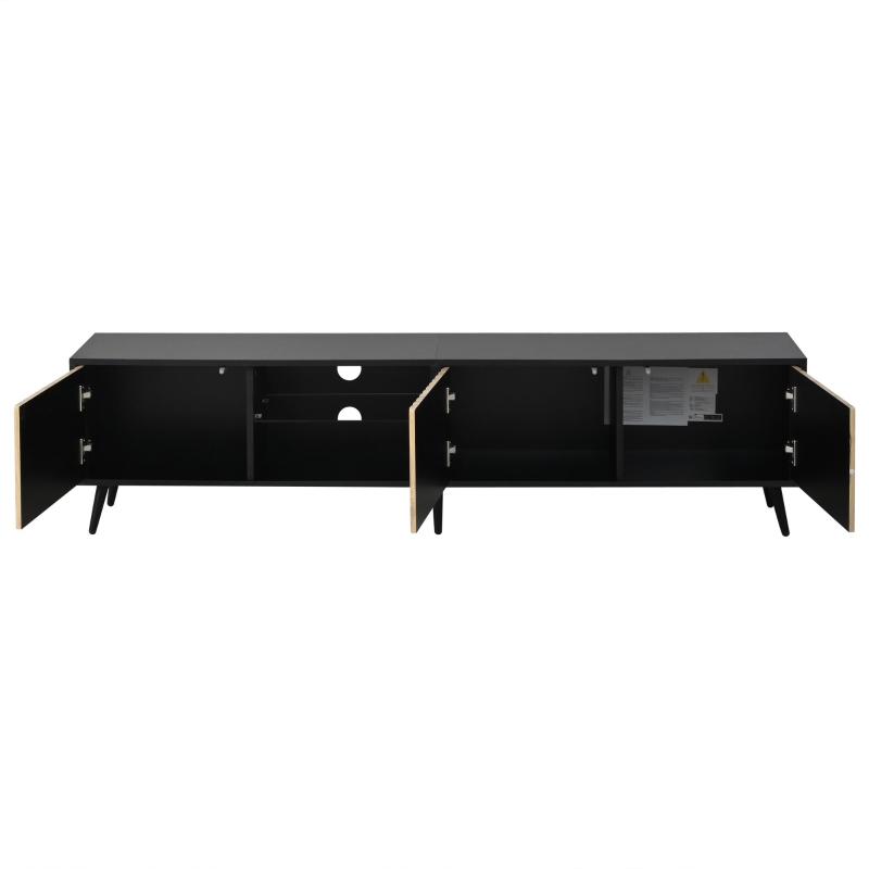 Meuble TV bas LED, convient pour 75 pouces, grand espace de rangement, 175x31x43,5 cm, Couleur naturelle+Noir