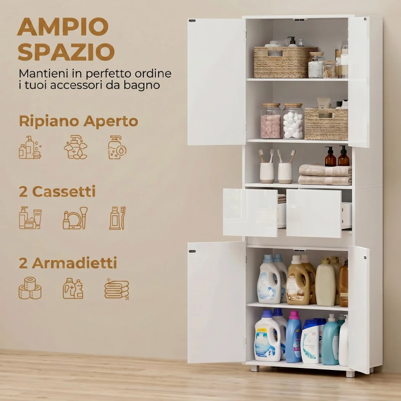 HOMCOM Mobile Bagno Alto Slim con Cassetti e Ripiani, 60x30x170 cm, Bianco Lucido