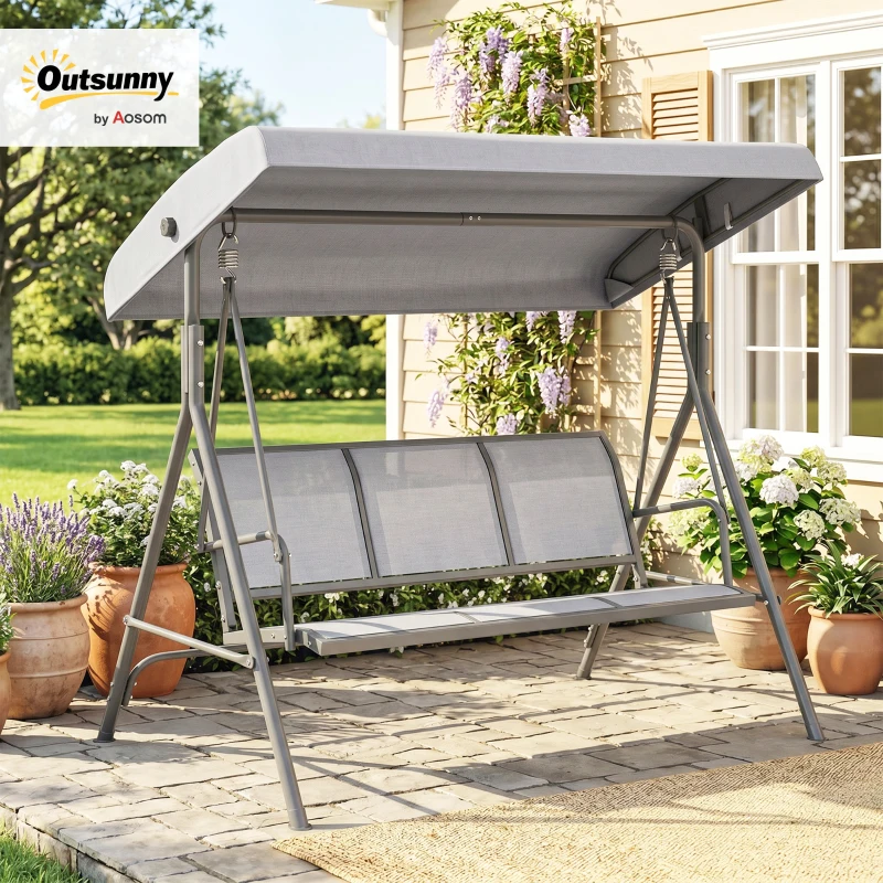 Outsunny 3 Seater Garden Swing Bench, Outdoor Swing Chair Hammock with Adjustable Canopy and Steel Frame, Grey