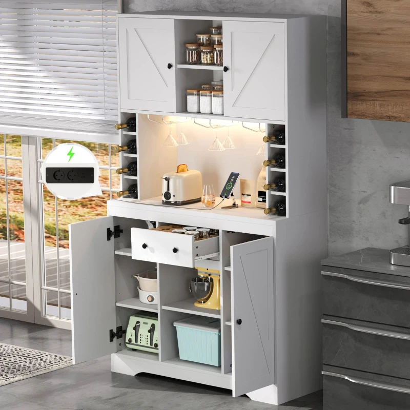 Armario alto de cocina con función de vinoteca, tira LED, baldas regulables, 105x40x180 cm, Blanco