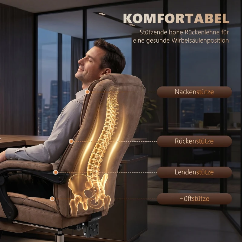 Vinsetto Ergonomischer Bürostuhl mit Massagefunktion, Fußstütze, drehbar, rollbar, Braun