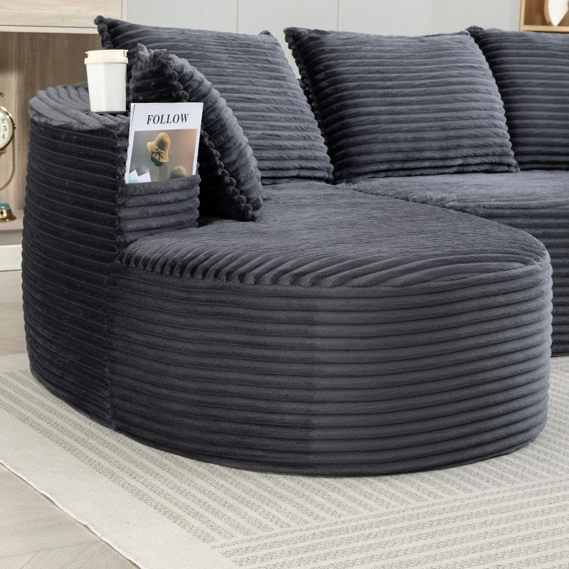 Bogesofa imbottito con portabicchieri su entrambi i lati, cuscini e tasca laterale, 250x152x82 cm, grigio scuro