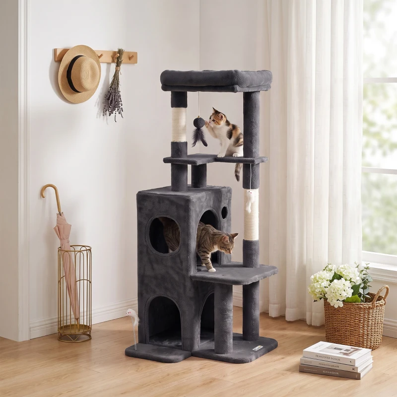 PawHut Kratzbaum 132 cm Katzenturm mit Höhle, Sisalstämme, große Plattform, mehrstöckig für mittelgroße Katzen unter 6 kg