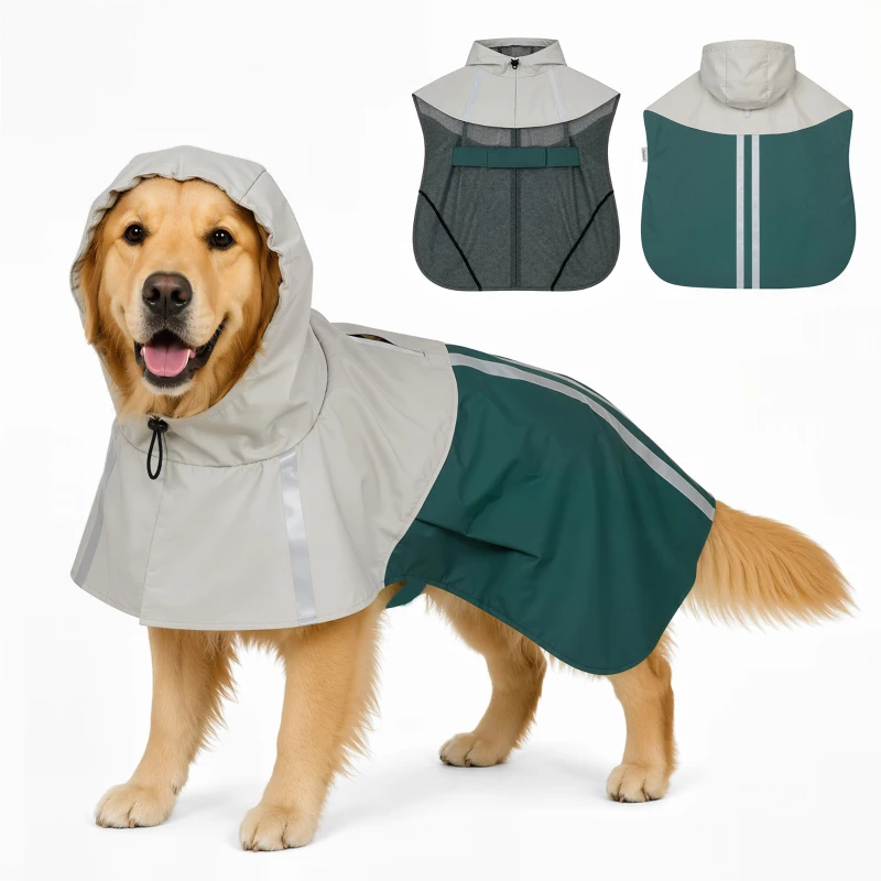PawHut Imperméable pour Chien avec Capuche, Bandes Réfléchissantes, Ouverture pour Laisse, 110x72x0,5cm, Vert