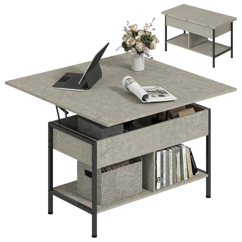HOMCOM höhenverstellbarer und erweiterbarer Couchtisch, Wohnzimmertisch mit verstecktem Fach und offenen Regalen, 98x49x55cm, grau