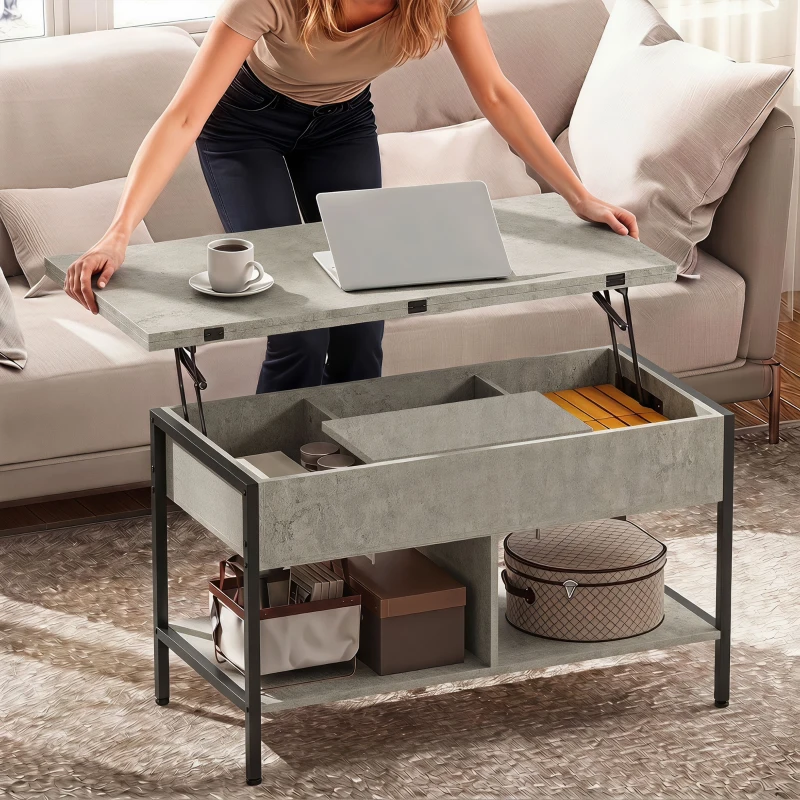 HOMCOM höhenverstellbarer und erweiterbarer Couchtisch, Wohnzimmertisch mit verstecktem Fach und offenen Regalen, 98x49x55cm, grau