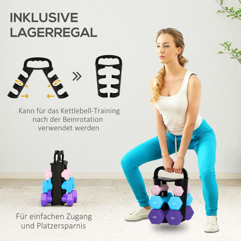 SPORTNOW Hantelset mit Aufbewahrungsgestell, Set mit 6 Hanteln für Fitness-Training, 2 x 1kg, 2 x 3kg, 2 x 5kg