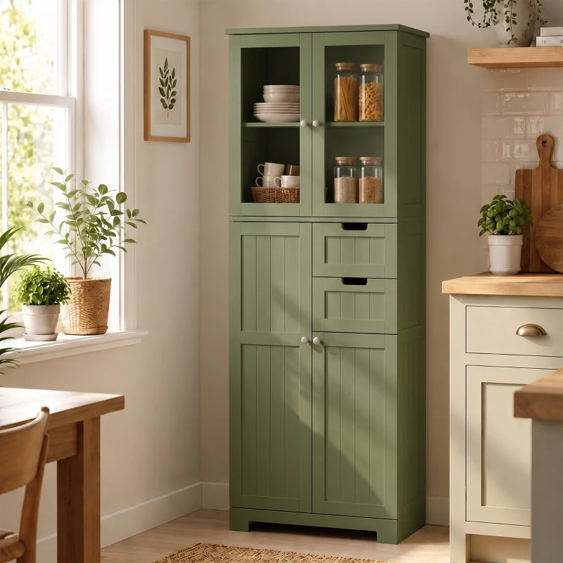 HOMCOM Mueble alto de almacenamiento, armario con puertas vitradas y estantes ajustables para baño, cocina, salón, verde