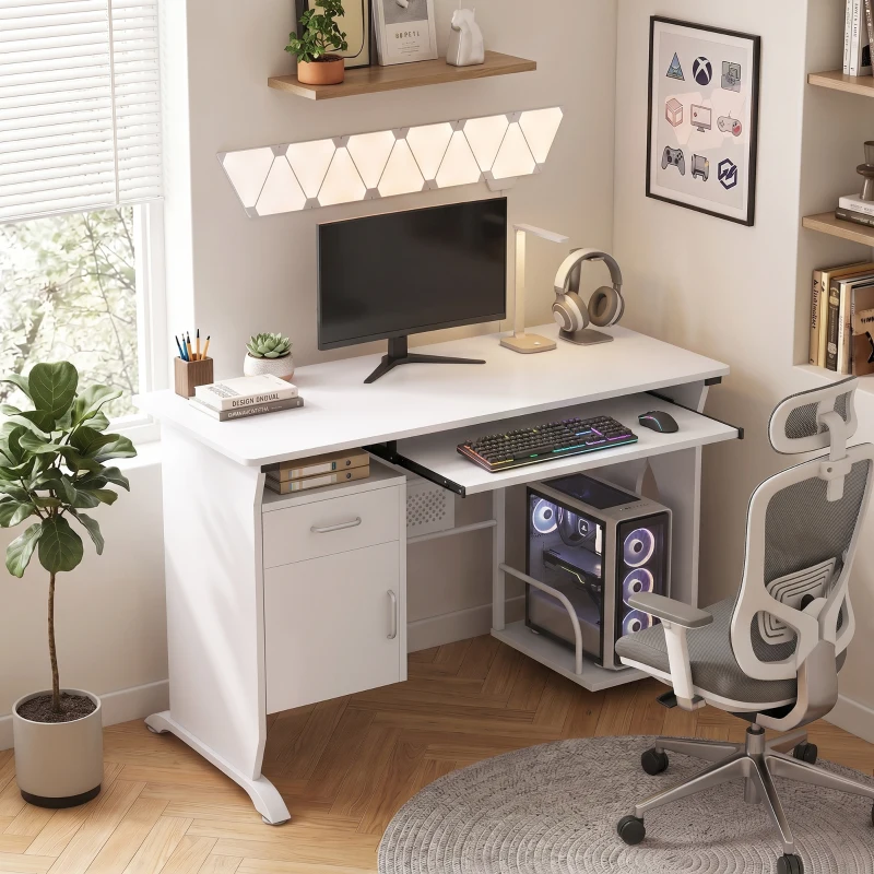HOMCOM Computerschreibtisch, 100 x 52 x 75 cm, ausziehbare Tastaturablage, Schubladen und Halter für Zentraleinheit, weiß