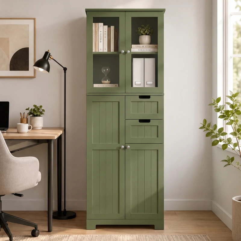 HOMCOM Mueble alto de almacenamiento, armario con puertas vitradas y estantes ajustables para baño, cocina, salón, verde