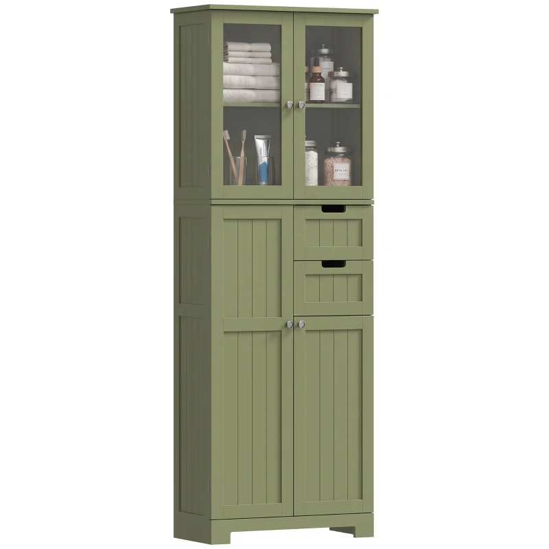 HOMCOM Mueble alto de almacenamiento, armario con puertas vitradas y estantes ajustables para baño, cocina, salón, verde