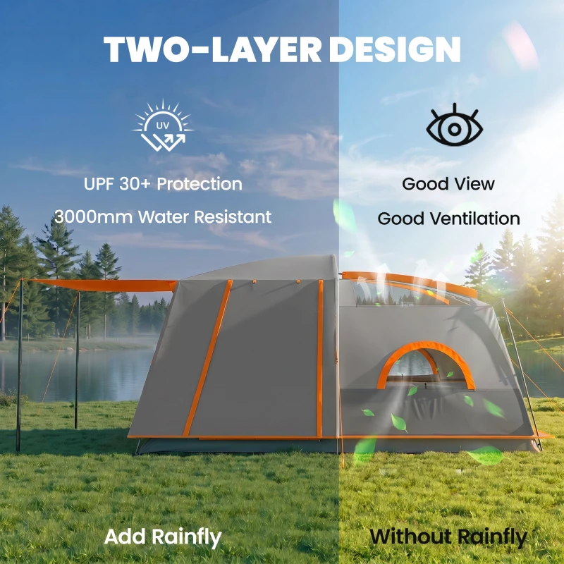 Outsunny 4 Man Camping Tent, Double Layer Tunnel Tent with Porch, Living Area and 2 Bedrooms, Sewn in Groundsheet, 3000mm Waterproof and UPF 30+, Portable with Bag, 430 x 305 x 195 cm Large, Grey