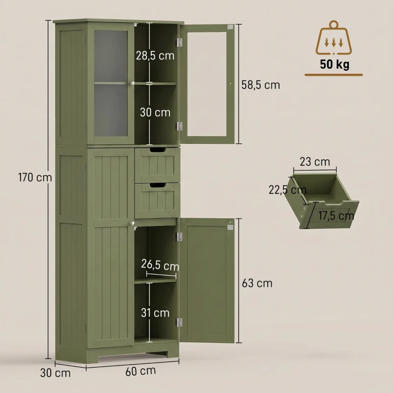 HOMCOM Mueble alto de almacenamiento, armario con puertas vitradas y estantes ajustables para baño, cocina, salón, verde