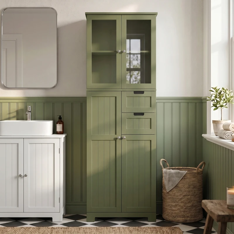 HOMCOM Mueble alto de almacenamiento, armario con puertas vitradas y estantes ajustables para baño, cocina, salón, verde