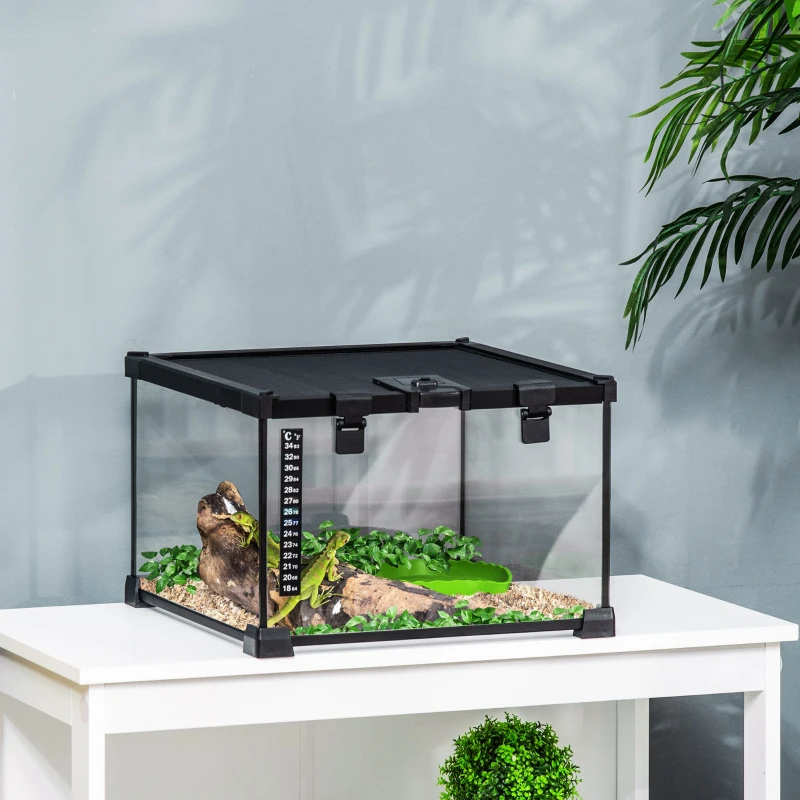 PawHut Boîte à Reptiles, Habitat de Terrarium Transparent, Couvercle Coulissant en Treillis Métallique, 30 x 30 x 20 cm, Noir