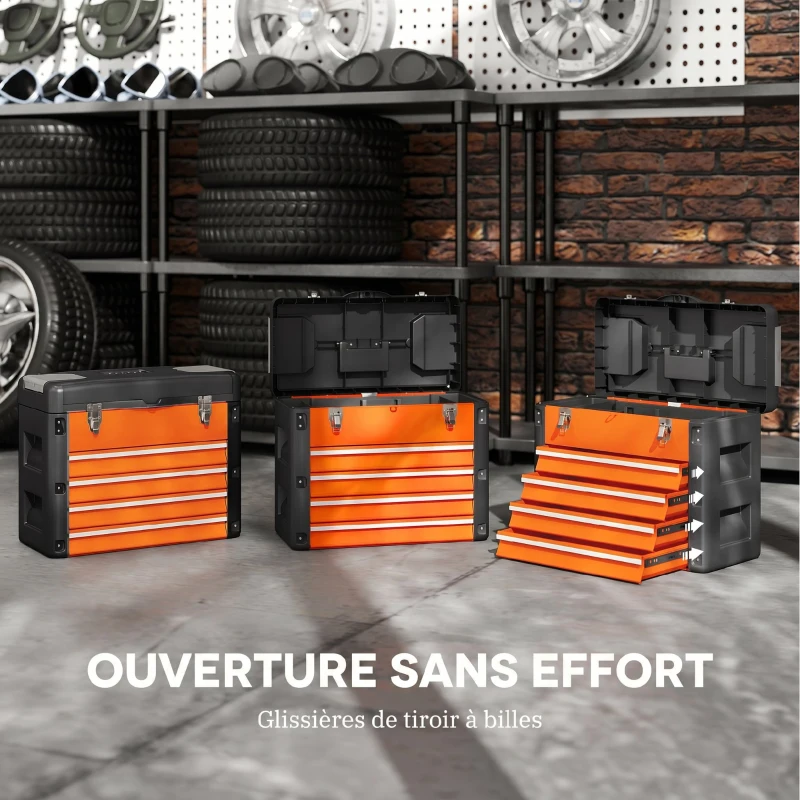 HOMCOM Boîte à Outils à 4 Tiroirs, Caisse à Outils en Acier Thermolaqué avec Plateau Amovible, 49,7x25,3x40,7cm, Orange