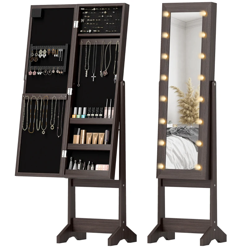 HOMCOM Armoire à Bijoux, Armoire de Rangement sur Pieds, Boîte à Bijoux avec Miroir Multi-Rangements Éclairage LED Marron Foncé