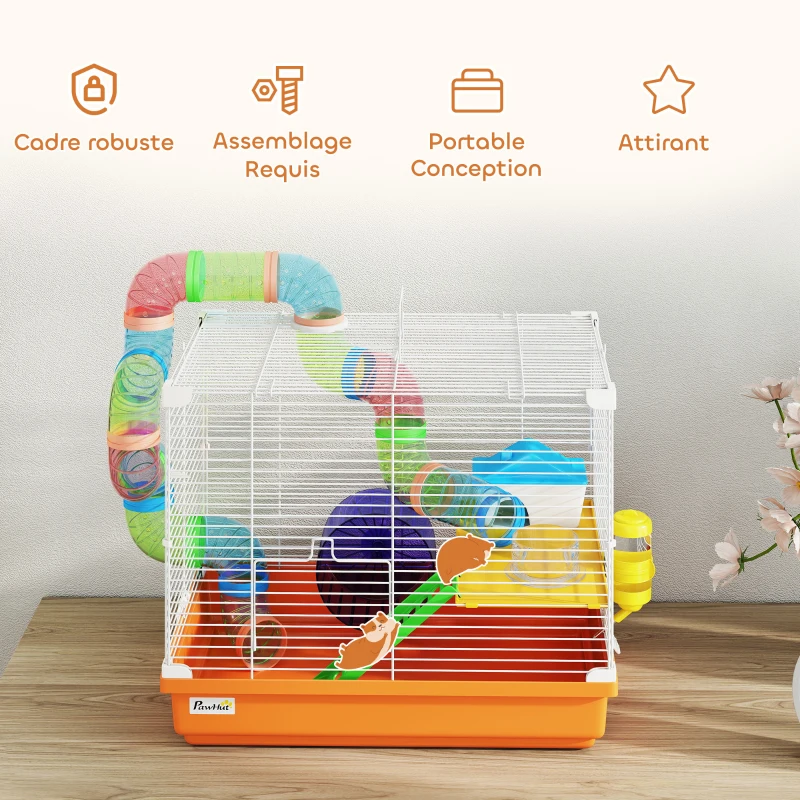 PawHut Cage à Hamster Rongeur 2 Niveaux avec Tunnel, Biberon d'Eau, Roue, Maisonnette, Échelles, 46 x 30 x 37 cm, Orange