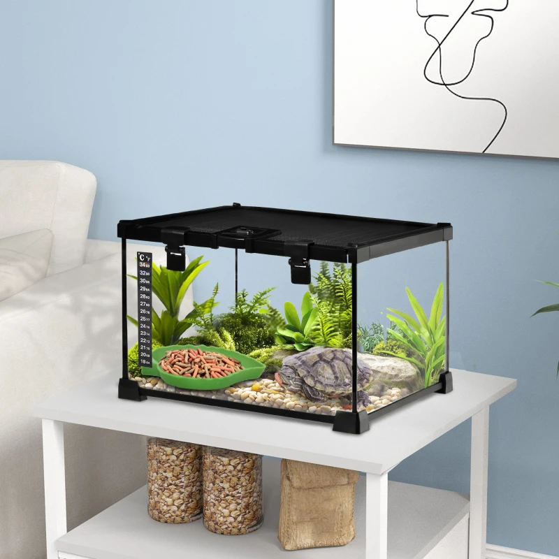 PawHut Boîte à Reptiles, Habitat de Terrarium Transparent, Couvercle Coulissant en Treillis Métallique, 30 x 30 x 20 cm, Noir