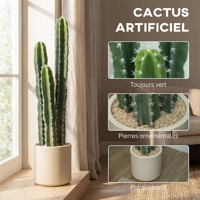 HOMCOM Cactus Artificiel 95 cm, Plante Artificielle en Pot, Tiges Réglables, Grand Réalisme, pour Maison et Bureau, Vert
