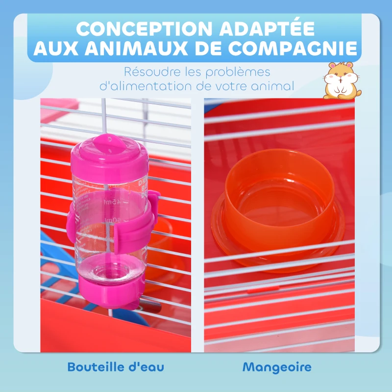 PawHut Cage hamster, cage rongeur à 2 niveaux, base amovible nettoyage facile, cabane, roue d'exercice, 47 x 30 x 27 cm, blanc