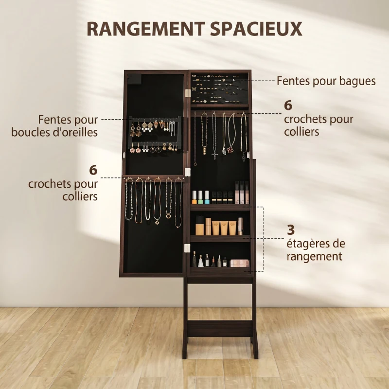 HOMCOM Armoire à Bijoux, Armoire de Rangement sur Pieds, Boîte à Bijoux avec Miroir Multi-Rangements Éclairage LED Marron Foncé