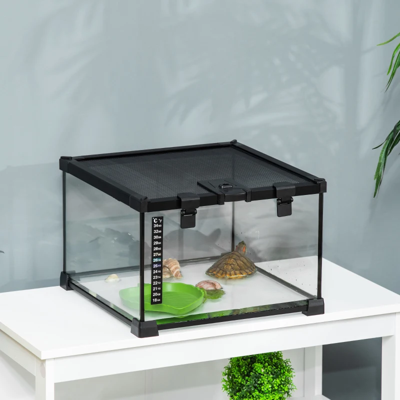 PawHut Boîte à Reptiles, Habitat de Terrarium Transparent, Couvercle Coulissant en Treillis Métallique, 30 x 30 x 20 cm, Noir