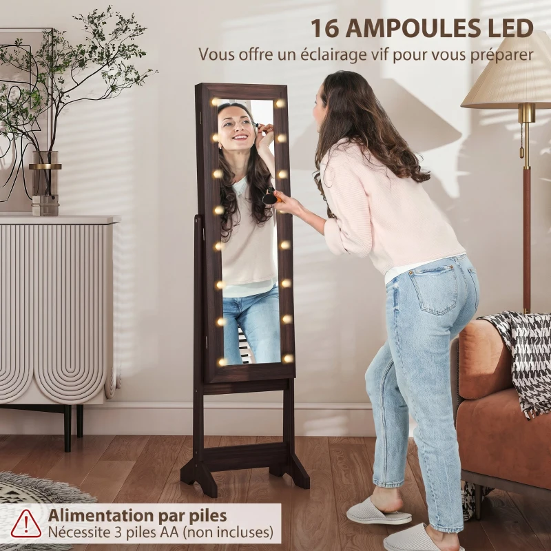 HOMCOM Armoire à Bijoux, Armoire de Rangement sur Pieds, Boîte à Bijoux avec Miroir Multi-Rangements Éclairage LED Marron Foncé