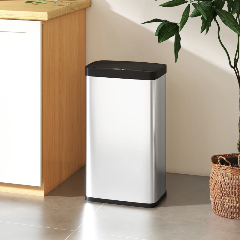HOMCOM Lixeira com Sensor 45 L Lixeira de Cozinha com Tampa Fechamento Suave Sensor de Movimento para Cozinha Quarto Escritório Prata