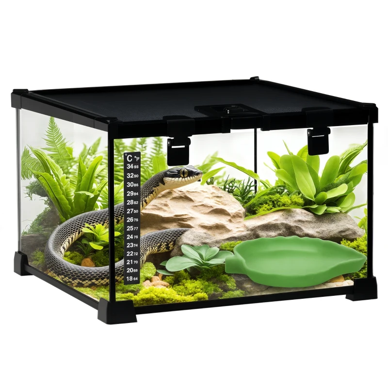 PawHut Boîte à Reptiles, Habitat de Terrarium Transparent, Couvercle Coulissant en Treillis Métallique, 30 x 30 x 20 cm, Noir