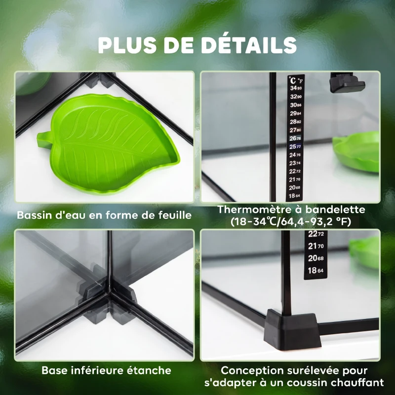 PawHut Boîte à Reptiles, Habitat de Terrarium Transparent, Couvercle Coulissant en Treillis Métallique, 30 x 30 x 20 cm, Noir