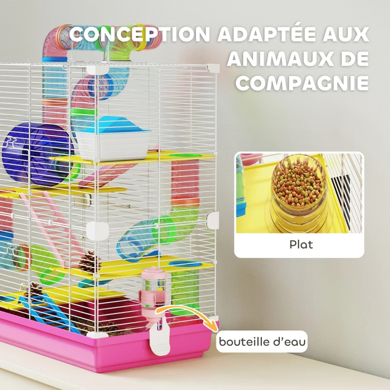 PawHut Cage pour Hamster Rongeur 5 Étages avec Tunnels, Mangeoire, Roue, Maison, Échelles, 46 x 30 x 58 cm, Rose