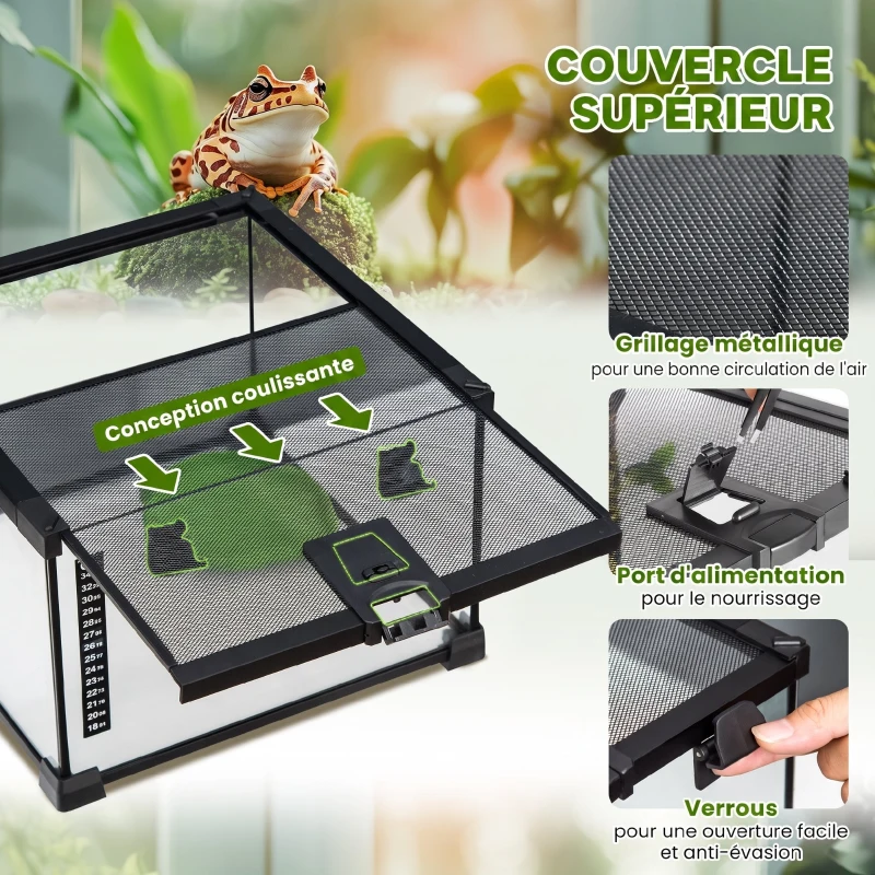 PawHut Boîte à Reptiles, Habitat de Terrarium Transparent, Couvercle Coulissant en Treillis Métallique, 30 x 30 x 20 cm, Noir