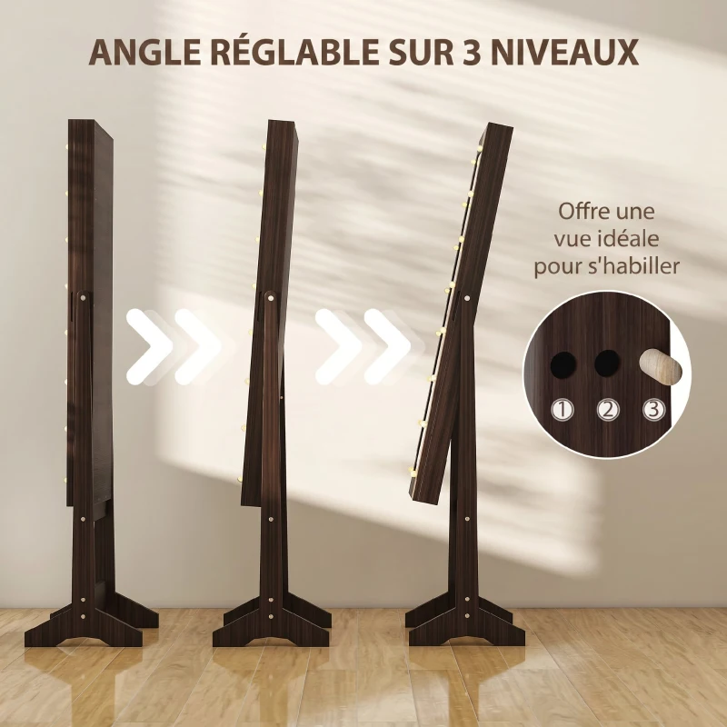 HOMCOM Armoire à Bijoux, Armoire de Rangement sur Pieds, Boîte à Bijoux avec Miroir Multi-Rangements Éclairage LED Marron Foncé