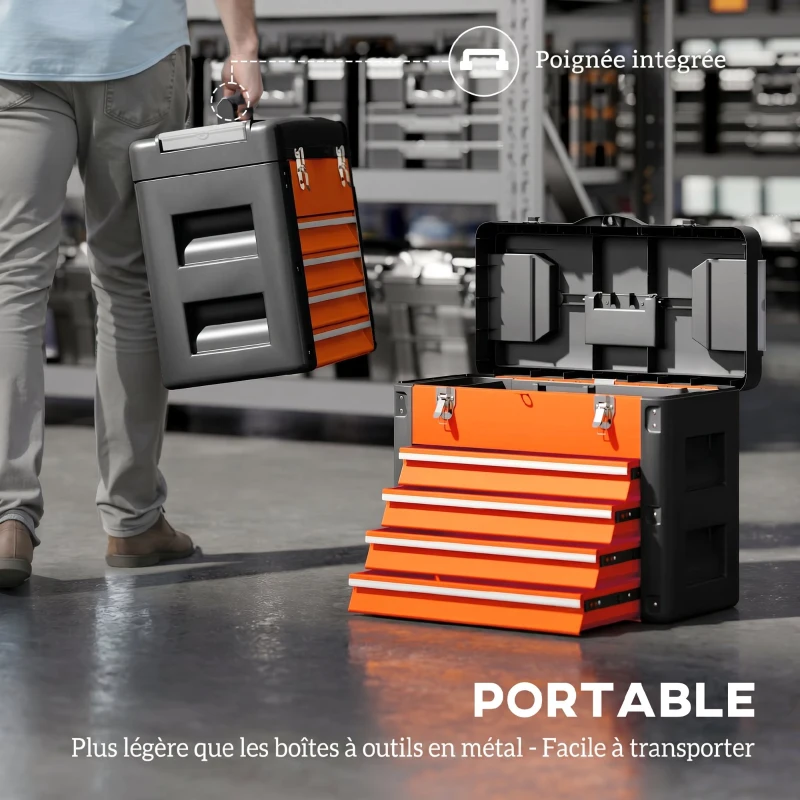 HOMCOM Boîte à Outils à 4 Tiroirs, Caisse à Outils en Acier Thermolaqué avec Plateau Amovible, 49,7x25,3x40,7cm, Orange