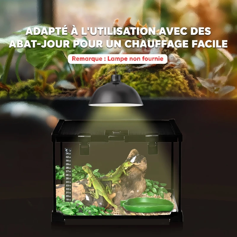 PawHut Boîte à Reptiles, Habitat de Terrarium Transparent, Couvercle Coulissant en Treillis Métallique, 30 x 30 x 20 cm, Noir