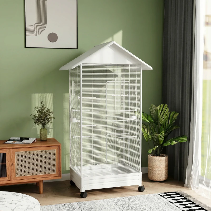 PawHut Cage oiseau sur pied volière oiseaux intérieure sur roulettes 2 mangeoires 8 perchoirs 79 x 65 x 155 cm fil d'acier blanc
