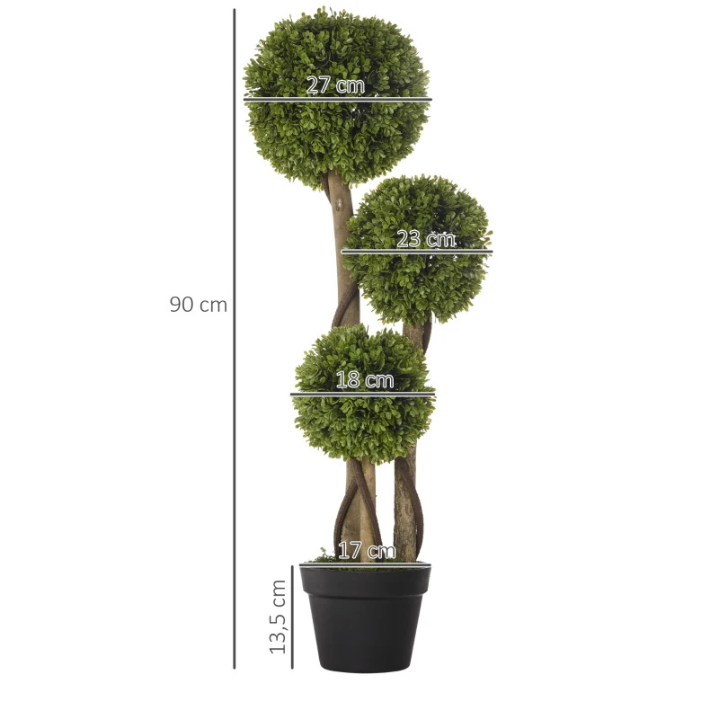 HOMCOM Planta de Boj Artificial de 3 Esferas con Macetero Incluido y Base Reforzada Altura 90 cm