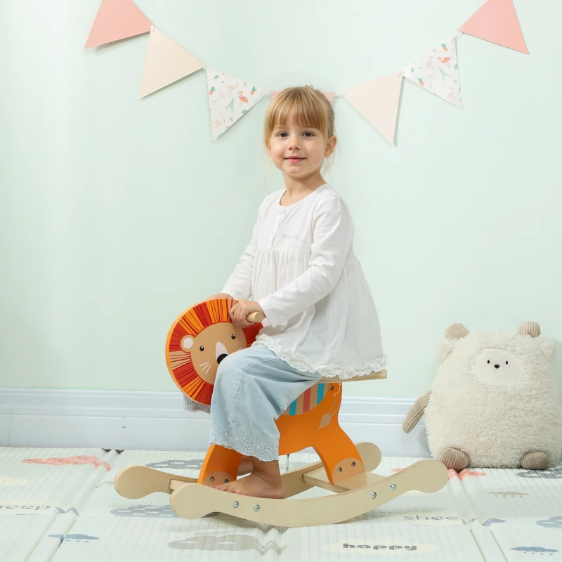 AIYAPLAY Cheval à bascule pour enfants, lion jouet à bascule bébé en bois avec guidon et base stable, 59 x 27 x 43 cm, orange
