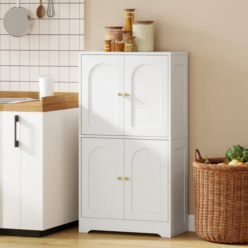 Homcom Alacena de Cocina, Armario Alto con 2 Estantes Ajustables, Aparador con 4 Puertas Abovedadas 60X30X110 cm, Blanco