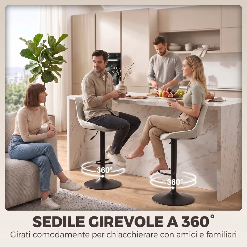 HOMCOM Set 2 Sgabelli Bar Girevoli Regolabili con Base in Metallo e Schienale, Bianco Crema