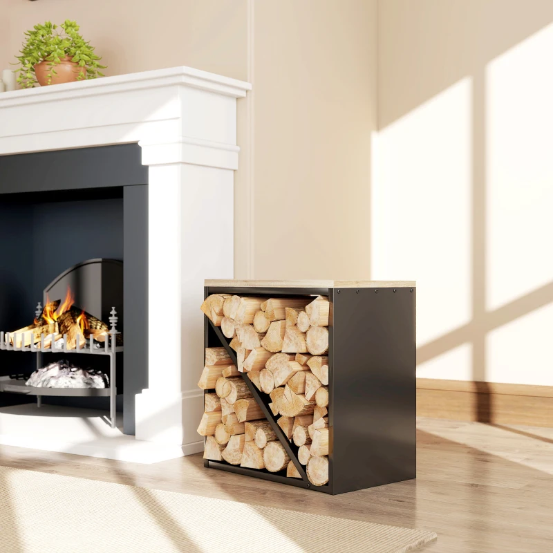 Outsunny Portalegna da Interno 2 in 1, Supporto per Legna Rialzato con Divisorio, Porta Legna per Interni per Caminetti, 58x36x60 cm, Nero