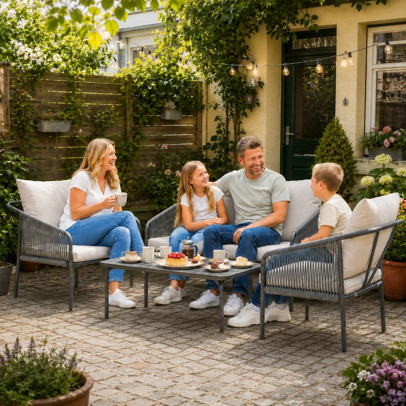 Outsunny Gartenmöbel Set 4-teilig Polyrattan Lounge-Set mit Zweisitzer 2 Sessel Couchtisch abnehmbare Kissen Bindebändern