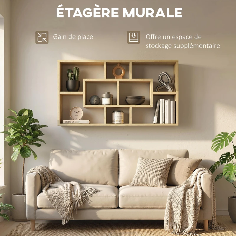 HOMCOM Étagère murale bibliothèque 8 cubes, meuble de rangement, design moderne, 85 x 14,5 x 47,5 cm, chêne