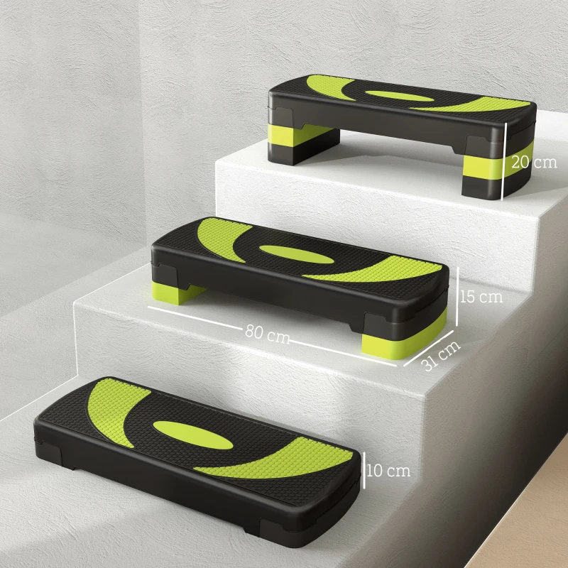 HOMCOM Step de Aeróbic para Fitness Antideslizante con Altura Regulable 3 Niveles 10/15/20 cm Carga 150 kg 80x31x20 cm Verde