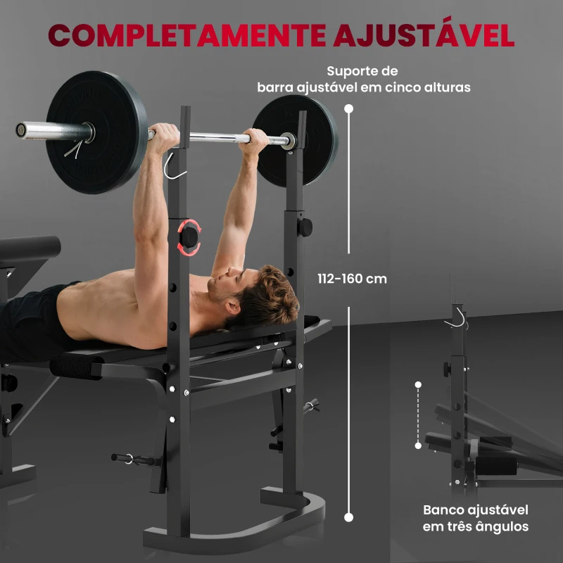SPORTNOW Banco de Musculação Multifuncional Inclinável Banco de Pesos com Suporte para Barra Ajustável Extensão de Pernas  106x155x202 cm Preto