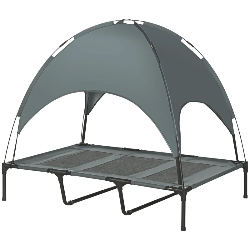 PawHut Lit Chien Sureleve avec Parasol, Lit de Camp Chien Chat sur Pieds Tissu Oxford Respirant, Anti-UV Cadre en Métal Sac de Transport Inclus Couchage Extérieur pour Chat 122 x 92 x 108 cm Gris Noir