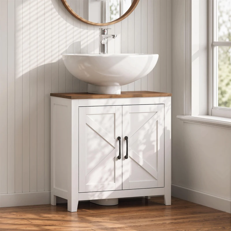 HOMCOM Mueble de Baño Bajo Lavabo Estilo Rústico con Estante Ajustable y 2 Puertas Tipo Granero Blanco