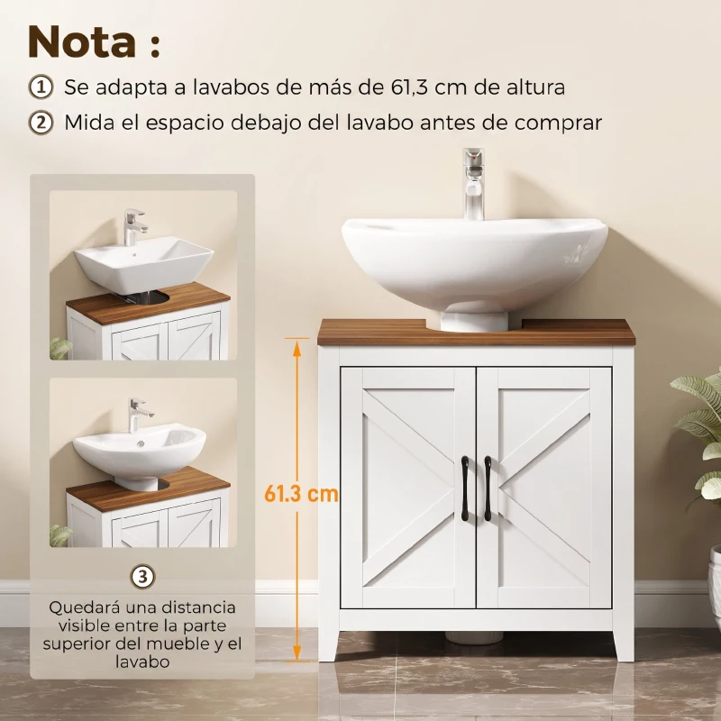 HOMCOM Mueble de Baño Bajo Lavabo Estilo Rústico con Estante Ajustable y 2 Puertas Tipo Granero Blanco