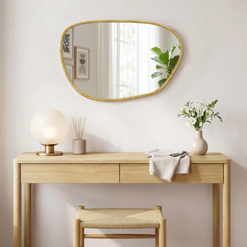 HOMCOM Miroir mural, miroir décoratif asymétrique 90x60cm en verre trempé pour salle de bain, chambre, salon, couloir, naturel